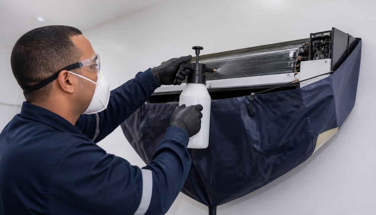 Técnico higienizando a serpentina da evaporadora de um ar-condicionado split com lona coletora