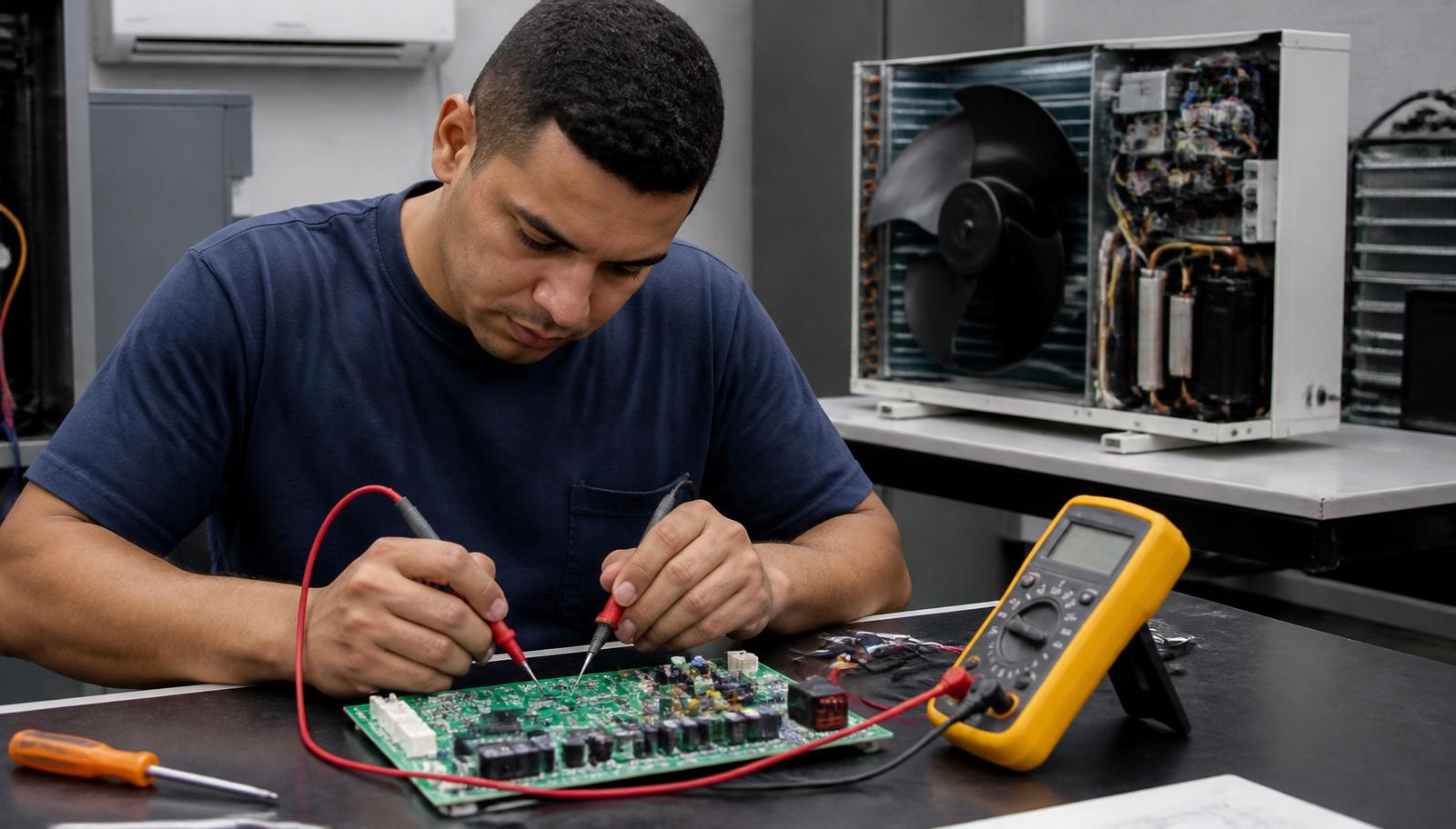 Técnico medindo placa eletrônica inverter de ar-condicionado com multímetro em bancada de assistência
