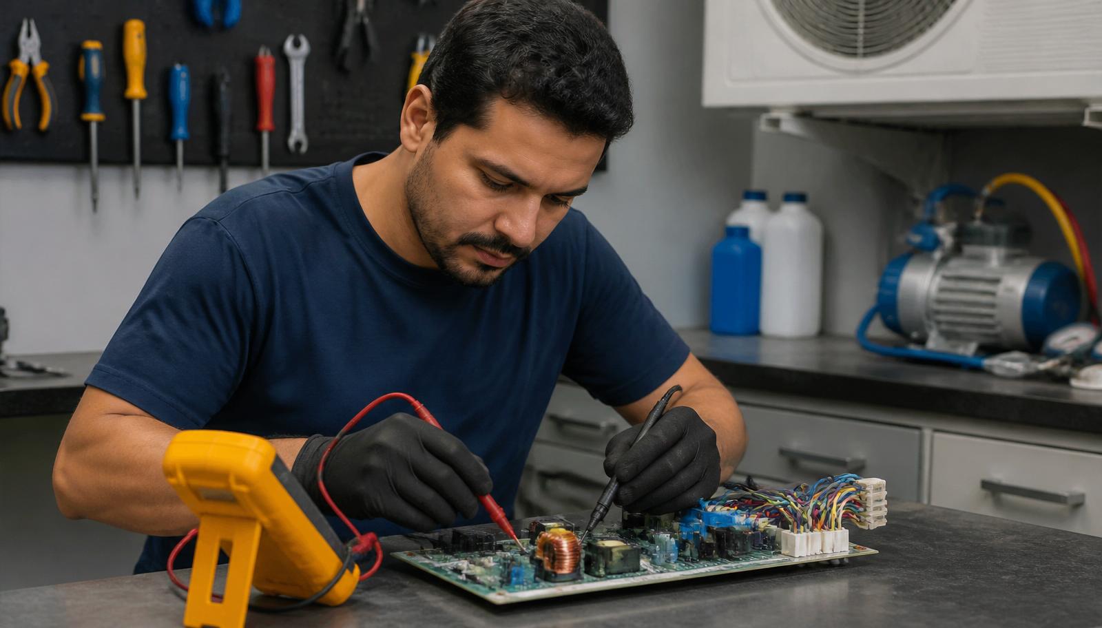 Técnico em bancada de assistência técnica medindo placa de ar-condicionado split com multímetro digital