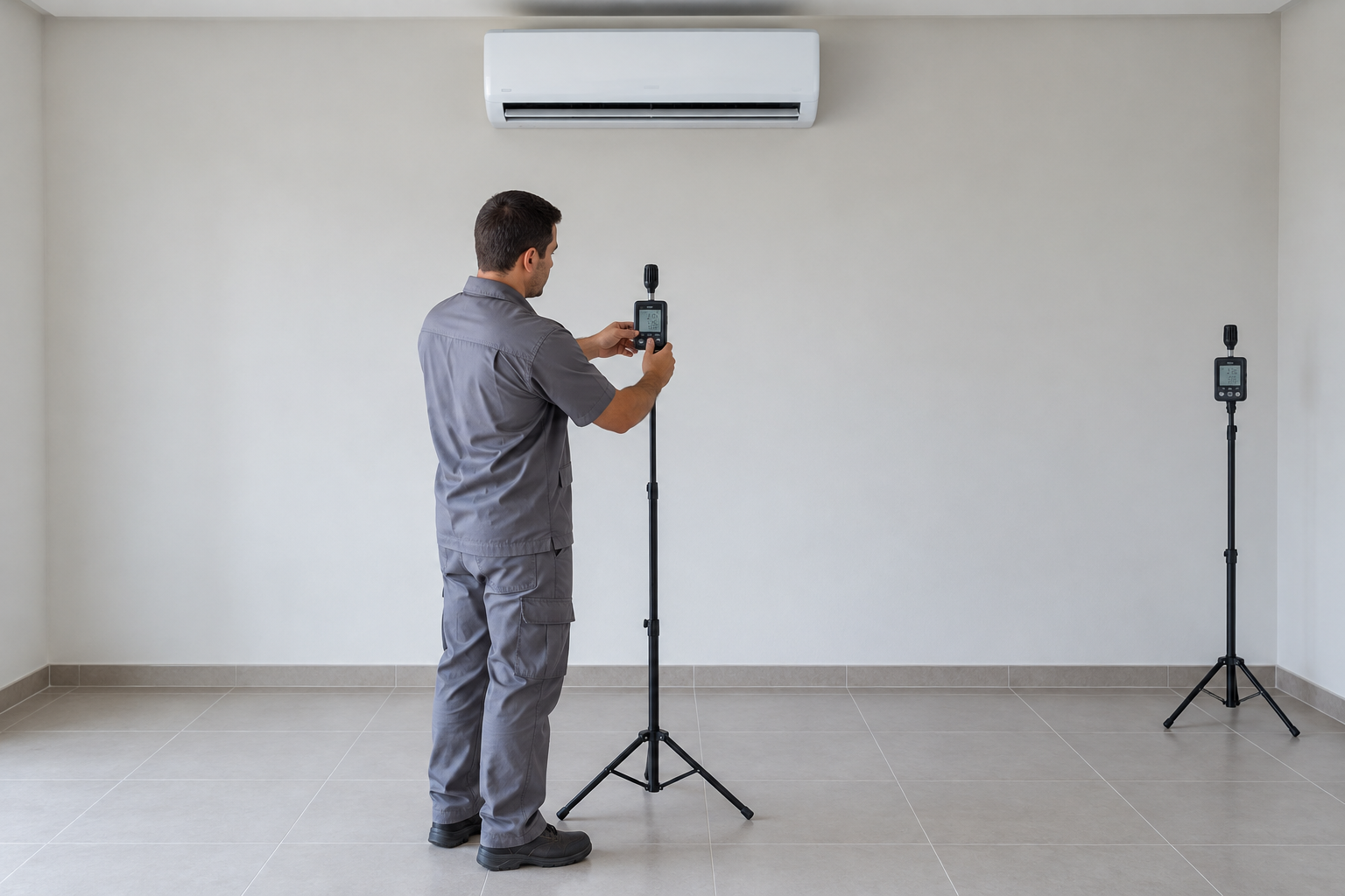 Técnico mede temperatura e umidade em dois pontos representativos do ambiente, longe do jato direto do split.