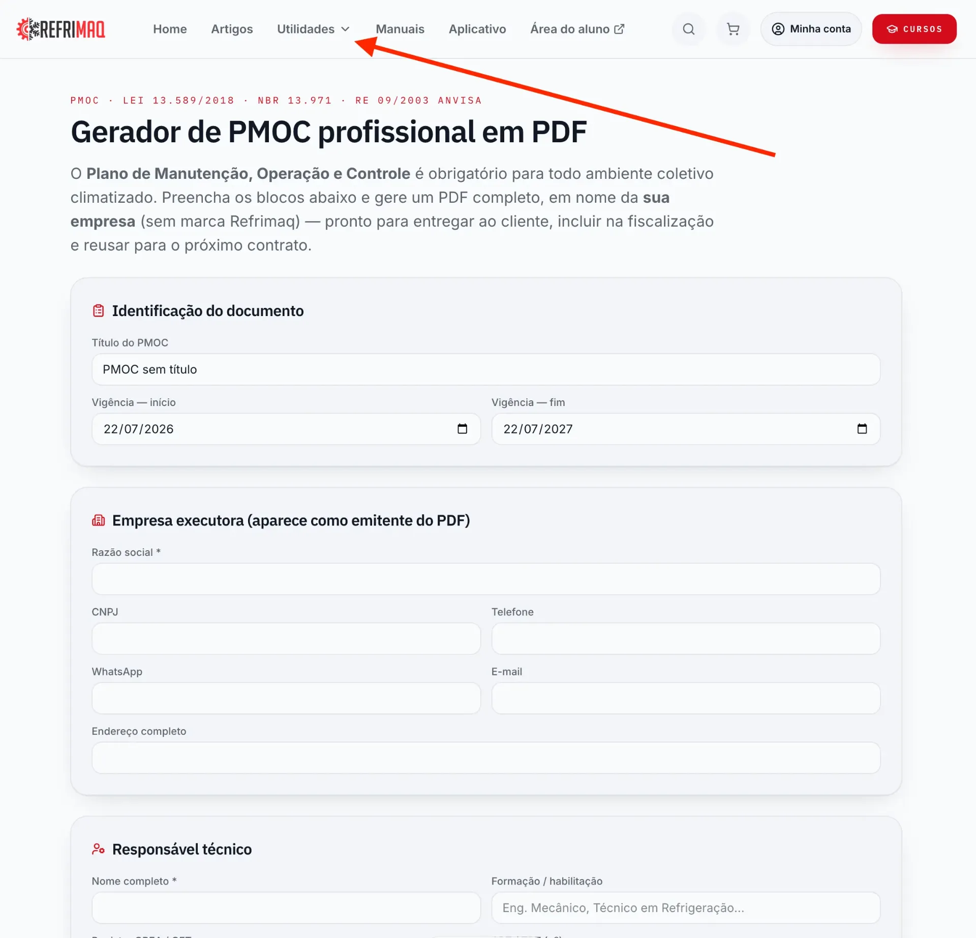 Menu superior do site Refrimaq com destaque no item Utilidades, no cabeçalho da página do gerador de PMOC
