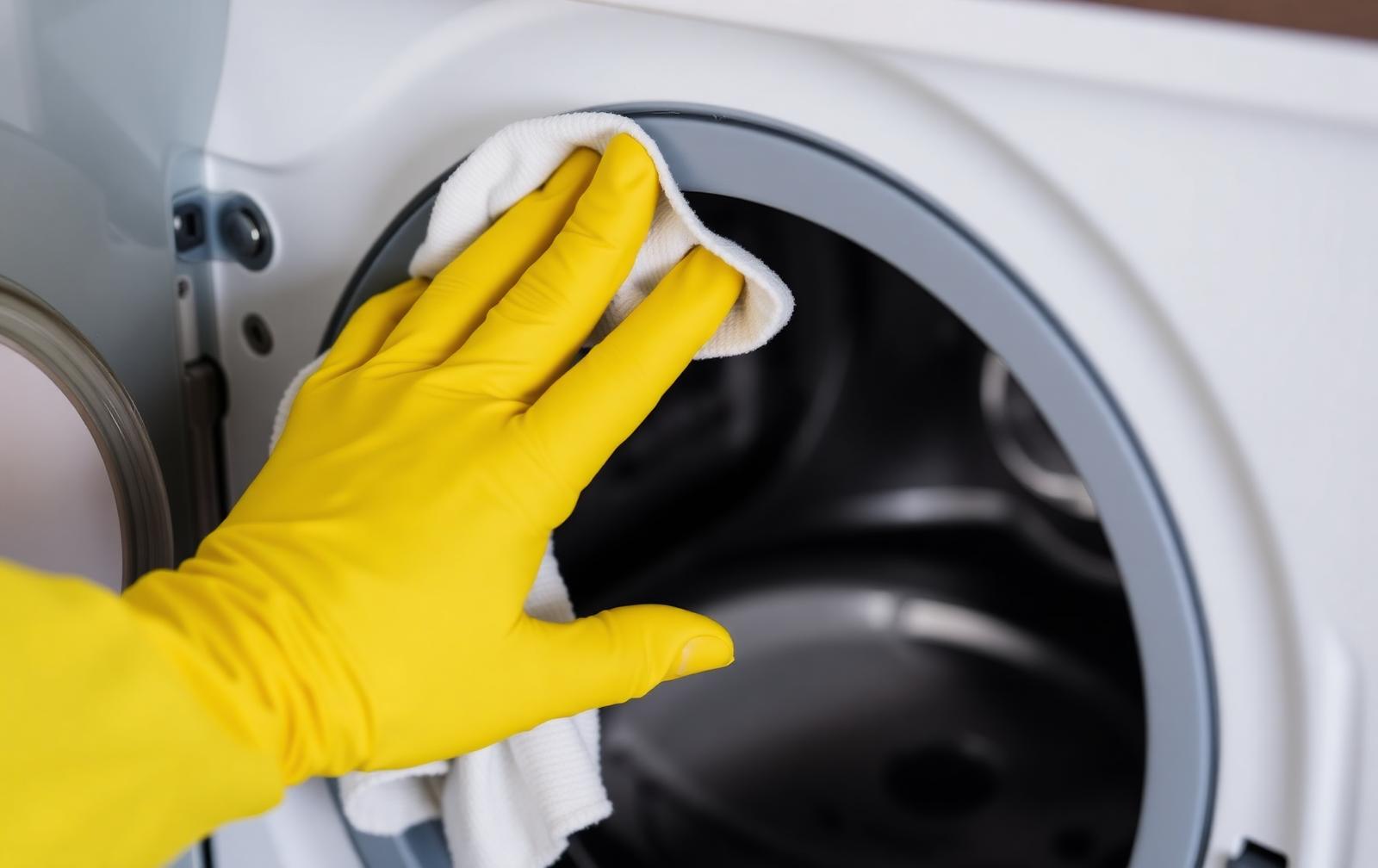 Mão com luva amarela limpando a borracha de vedação da porta de uma máquina de lavar frontal com pano branco