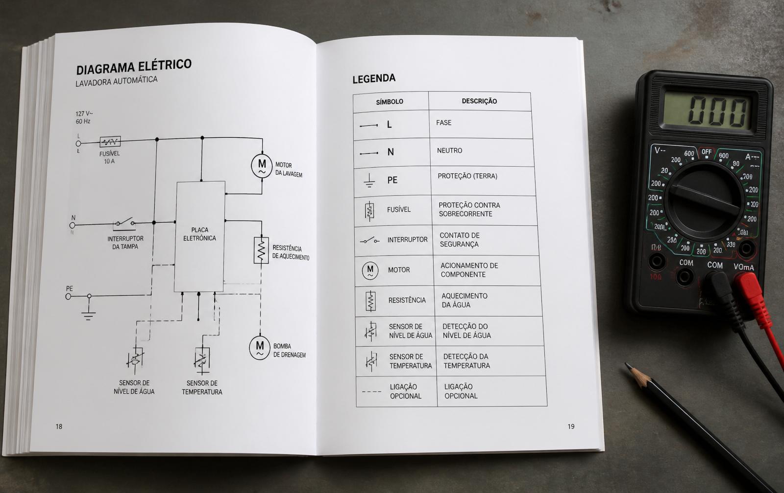 Manual técnico aberto com diagrama elétrico e legenda de símbolos ao lado de um multímetro digital