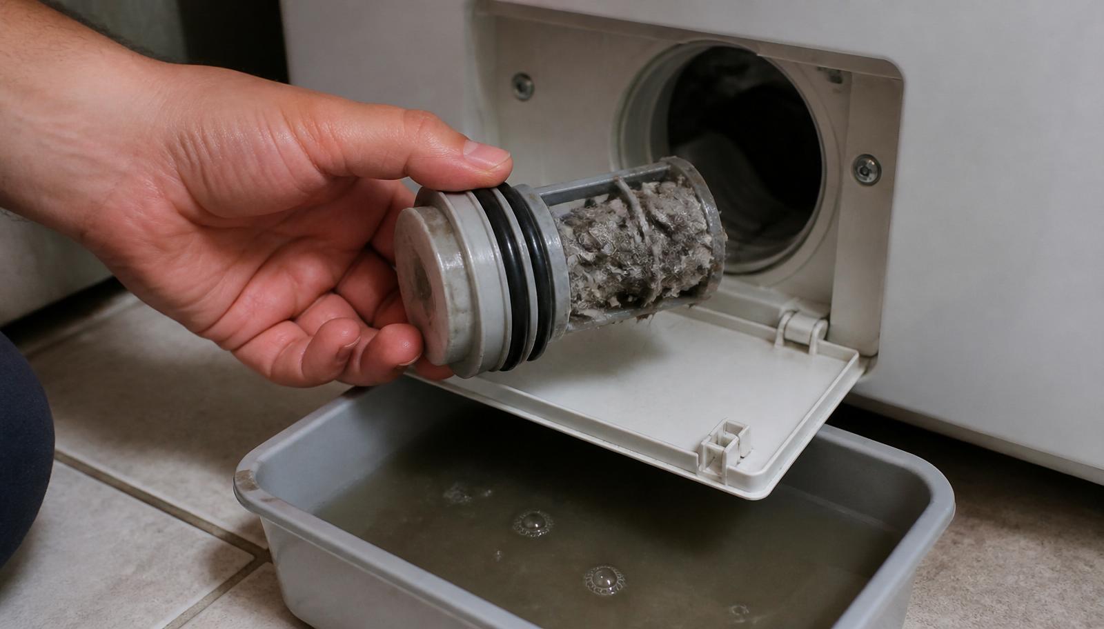 Mão de técnico retirando o filtro da bomba de dreno de uma lava e seca, com o filtro visivelmente entupido por fiapos e resíduos e um recipiente coletando a água que escorre