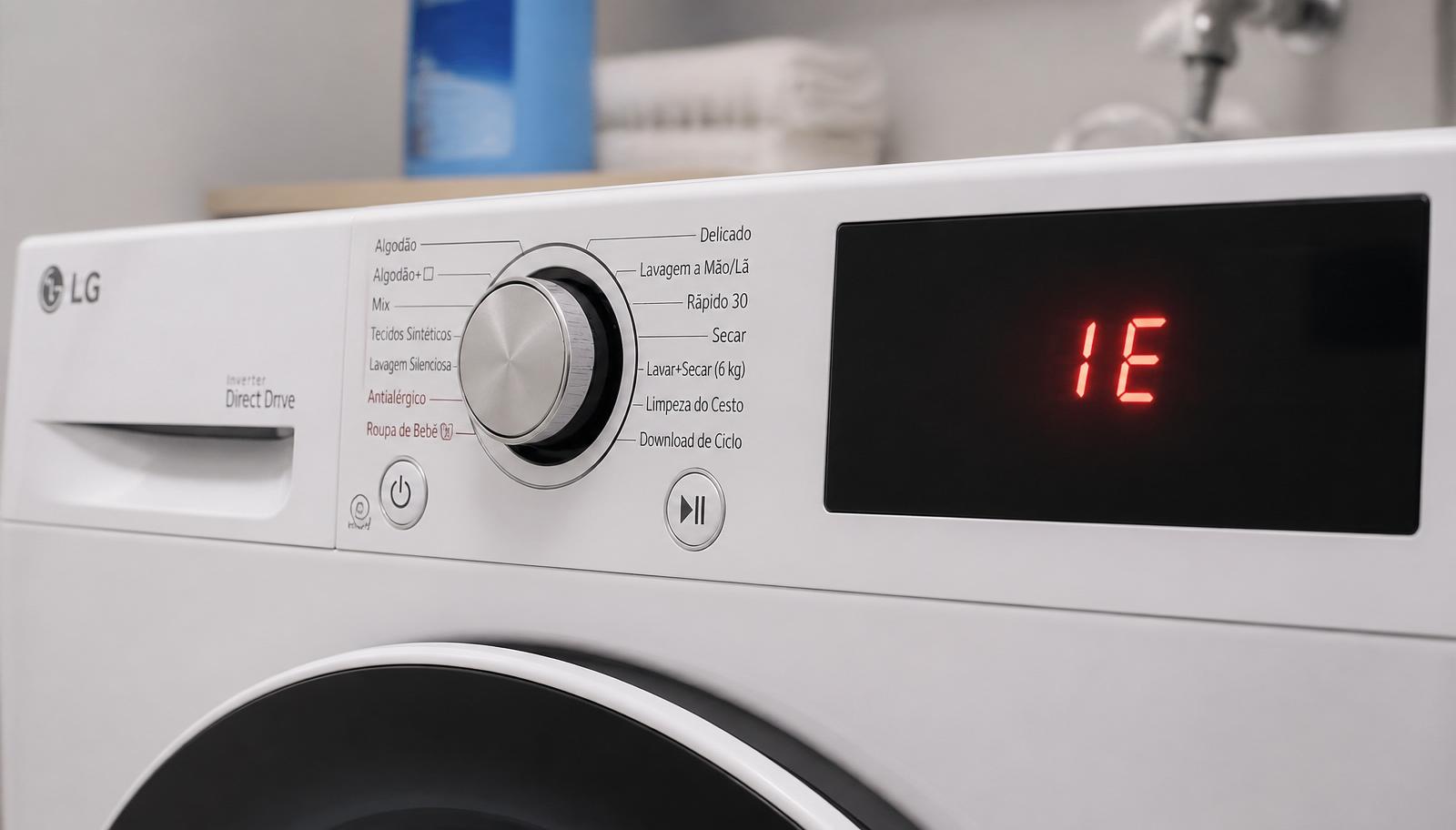 Painel frontal de lava e seca LG branca com display digital iluminado em vermelho exibindo o código de erro IE