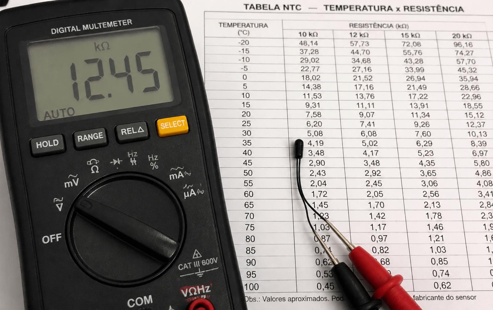 Multímetro digital medindo resistência de um sensor NTC ao lado de uma tabela impressa de temperatura x resistência