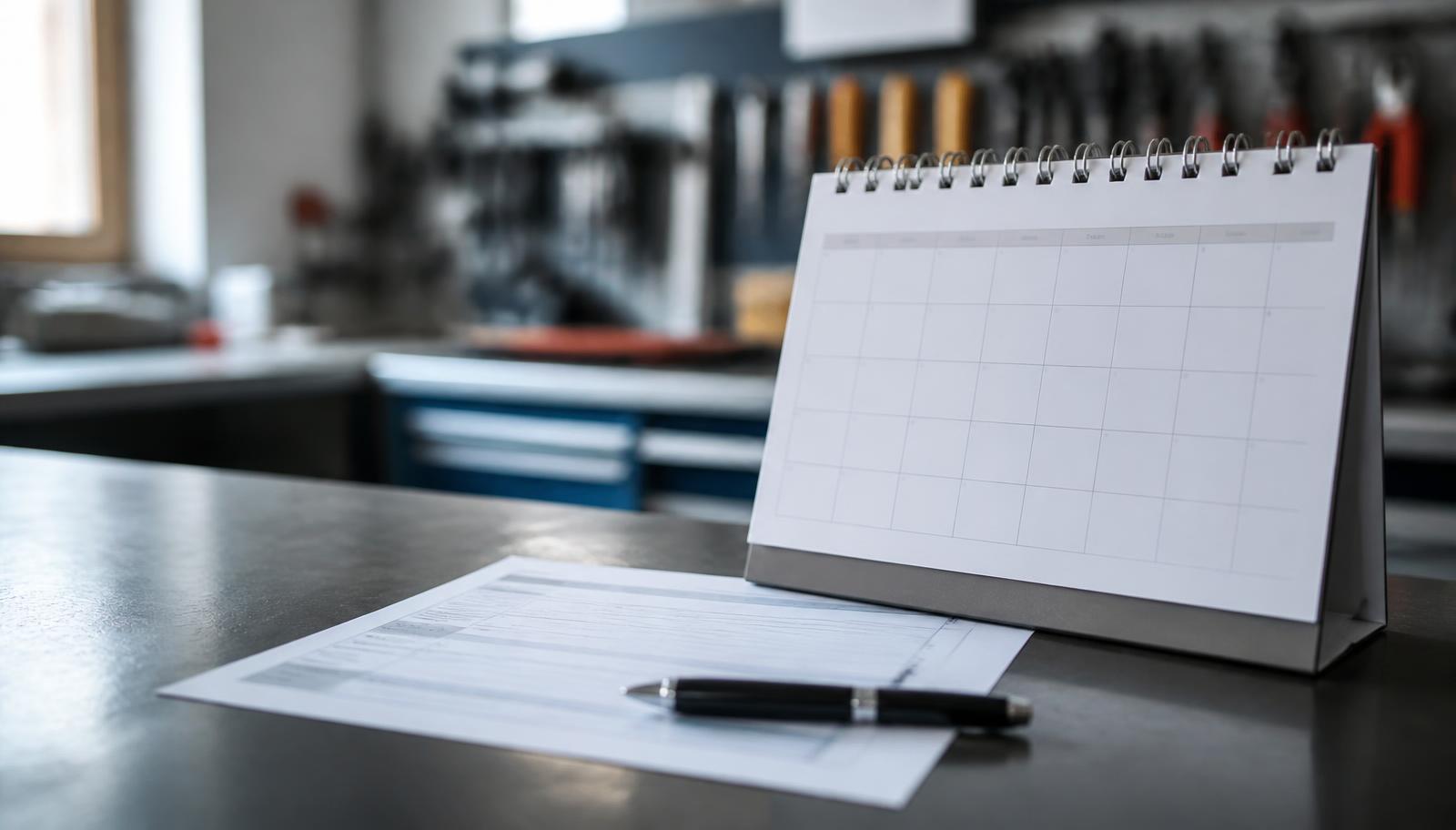 Calendário de mesa ao lado de um termo de garantia impresso na bancada da oficina