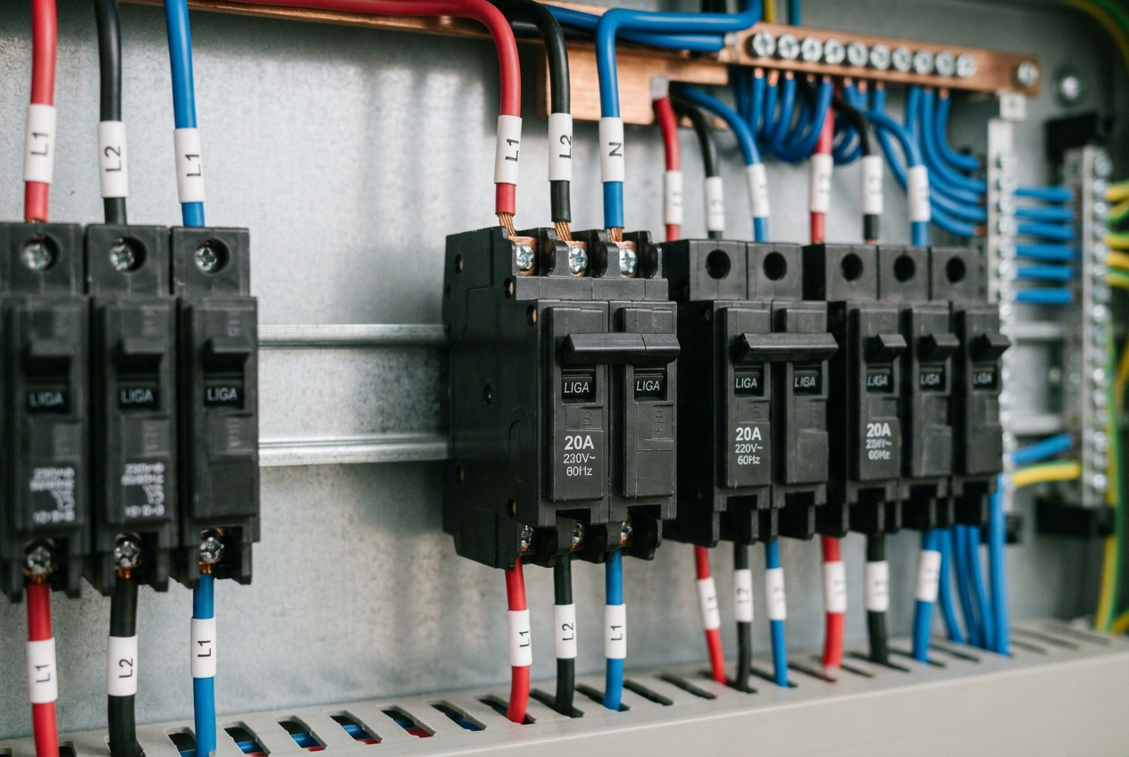 Disjuntor bipolar de 20 ampères 220V instalado em trilho DIN no quadro elétrico, com cabos identificados por anilhas L1, L2 e N
