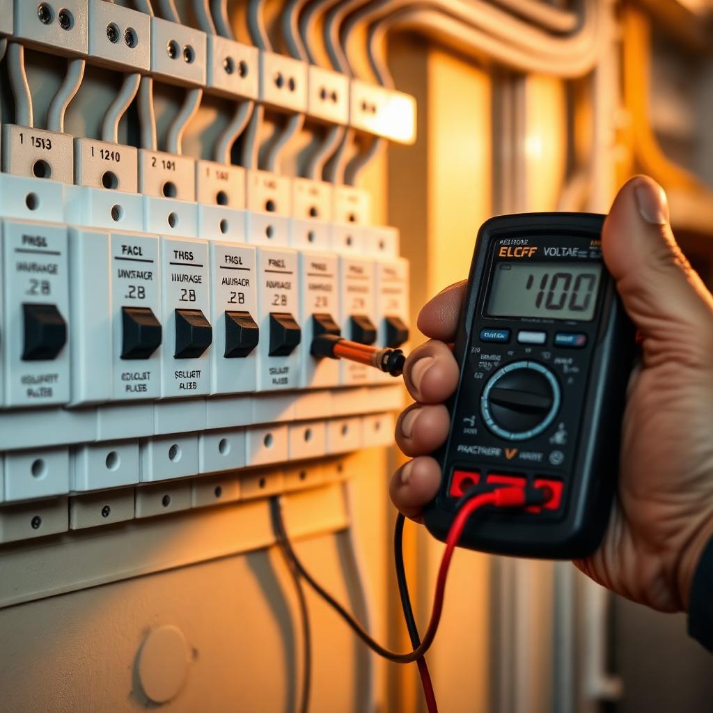 Quadro de distribuição elétrica com disjuntores identificados