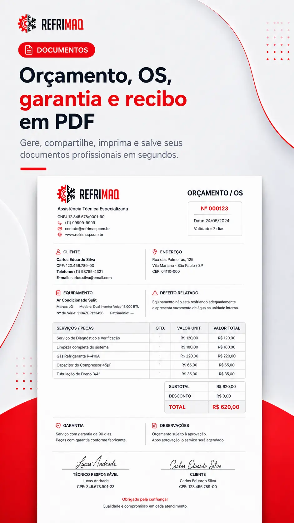 Documento de orçamento e recibo em PDF gerado pelo App Refrimaq exibido em um celular