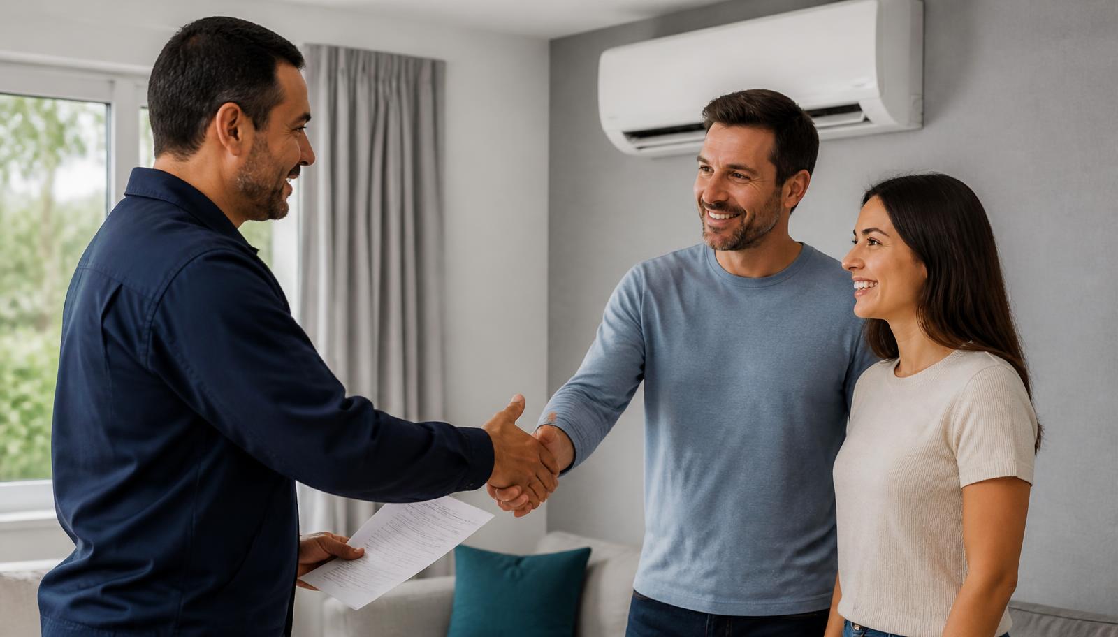 Técnico apresentando o orçamento impresso a um casal de clientes na sala, com split instalado ao fundo