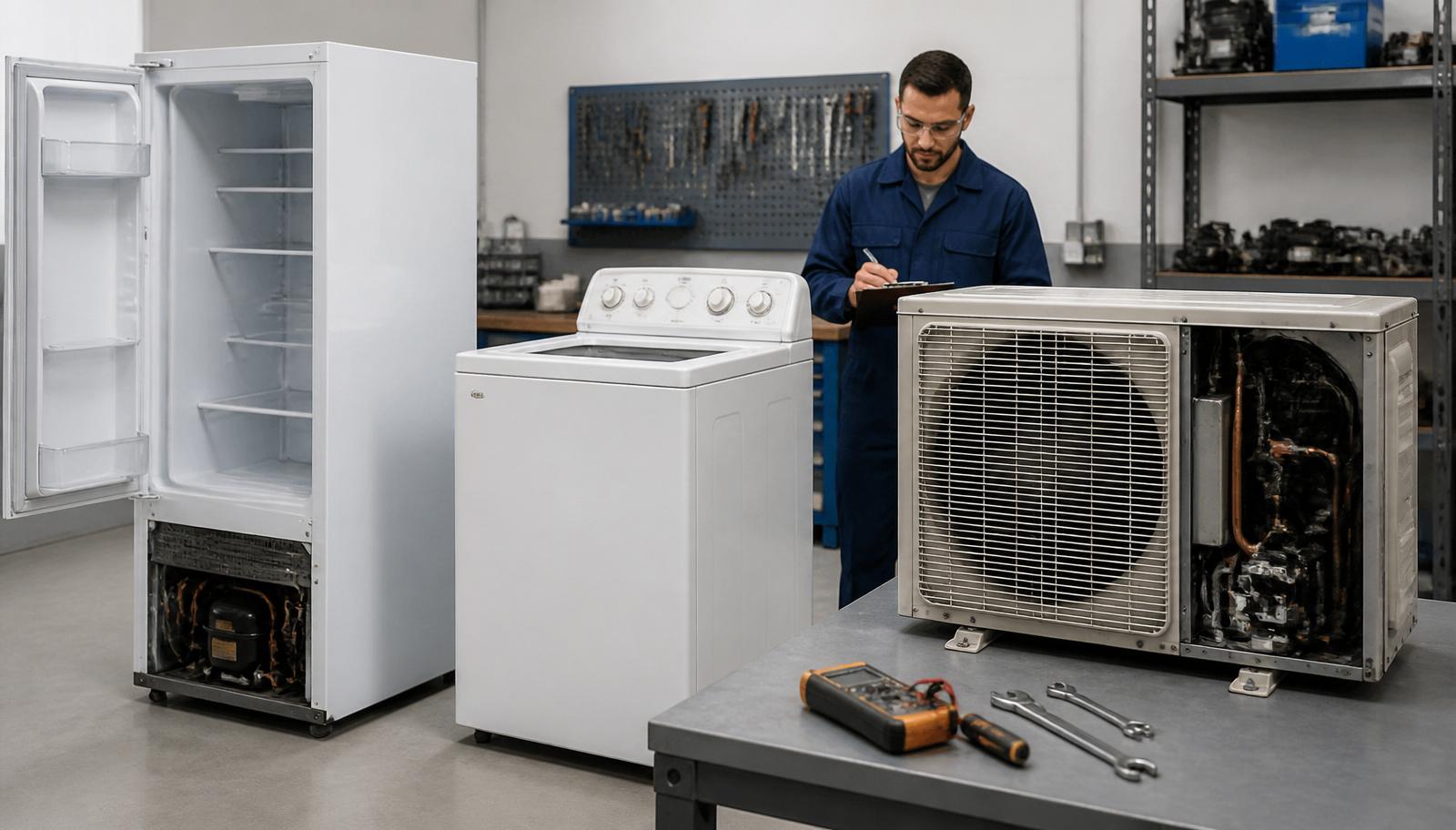 Geladeira, lavadora e condensadora de ar-condicionado lado a lado em oficina de assistência técnica multi-linha
