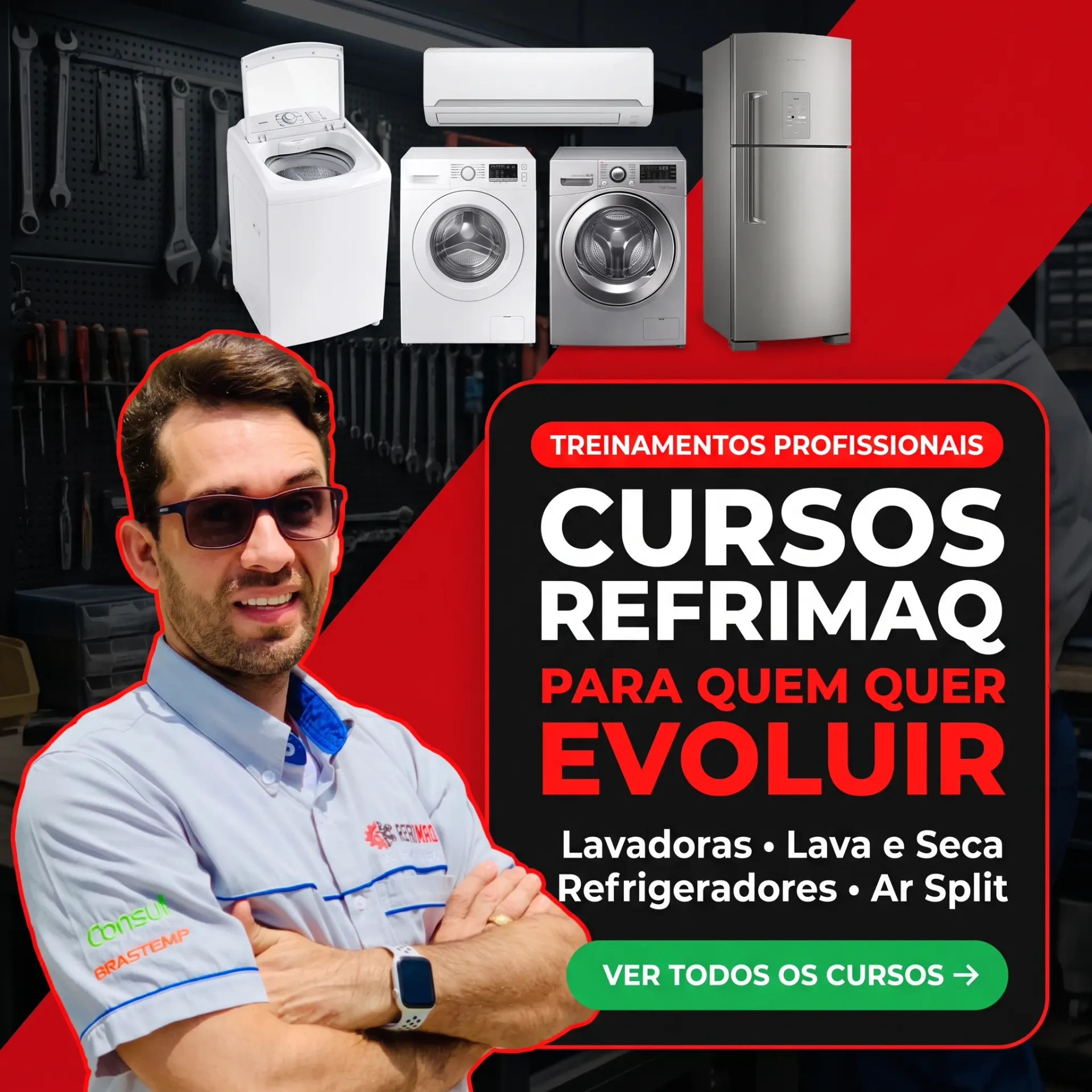 Cursos Refrimaq de conserto de lavadoras, lava e seca, refrigeradores e ar split com Anderson Rey.