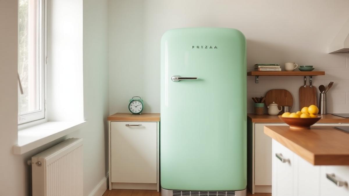 Geladeira retrô verde-menta com puxador cromado em cozinha minimalista clara com luz natural