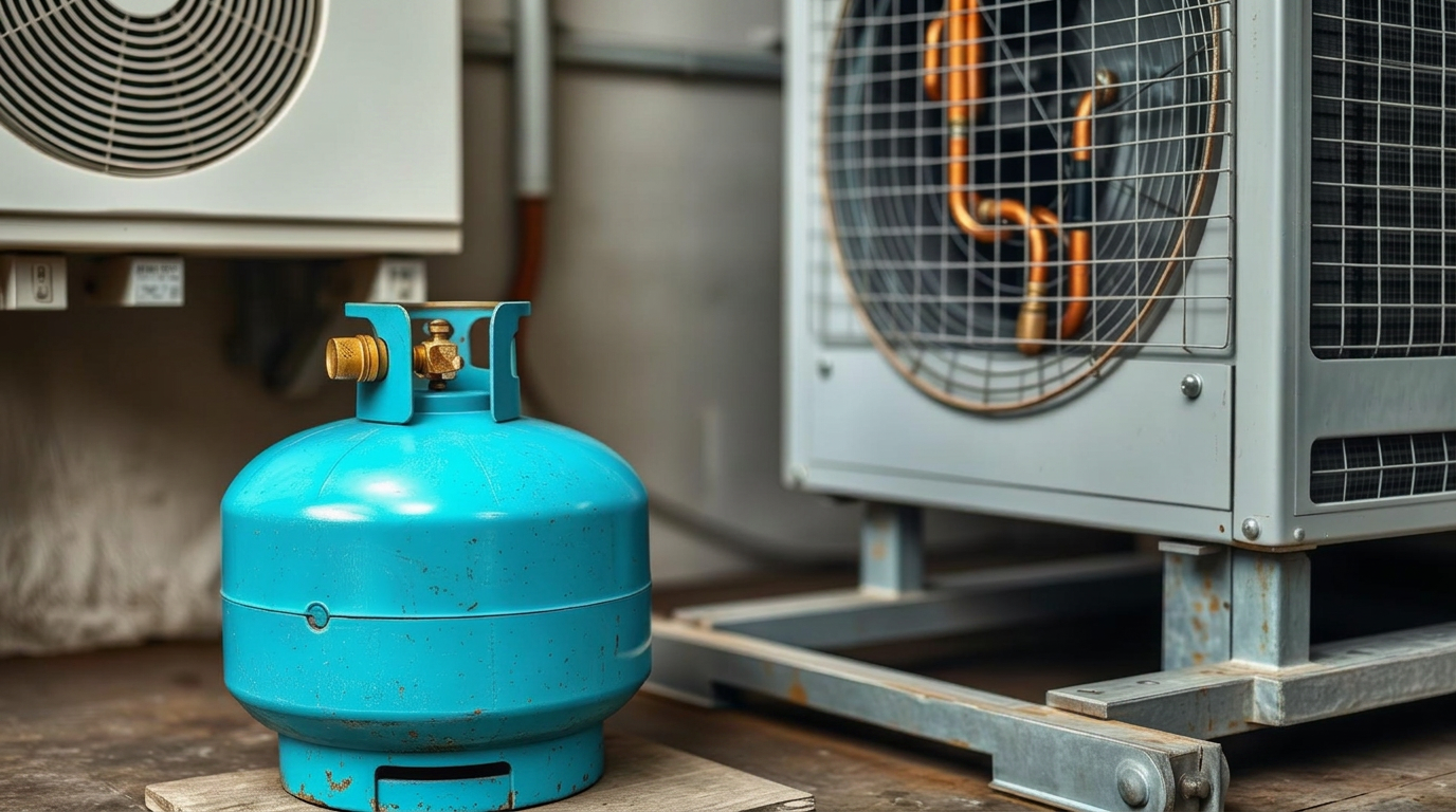 Cilindro de gás refrigerante azul ao lado da unidade condensadora externa de um ar-condicionado split, com serpentina de cobre visível