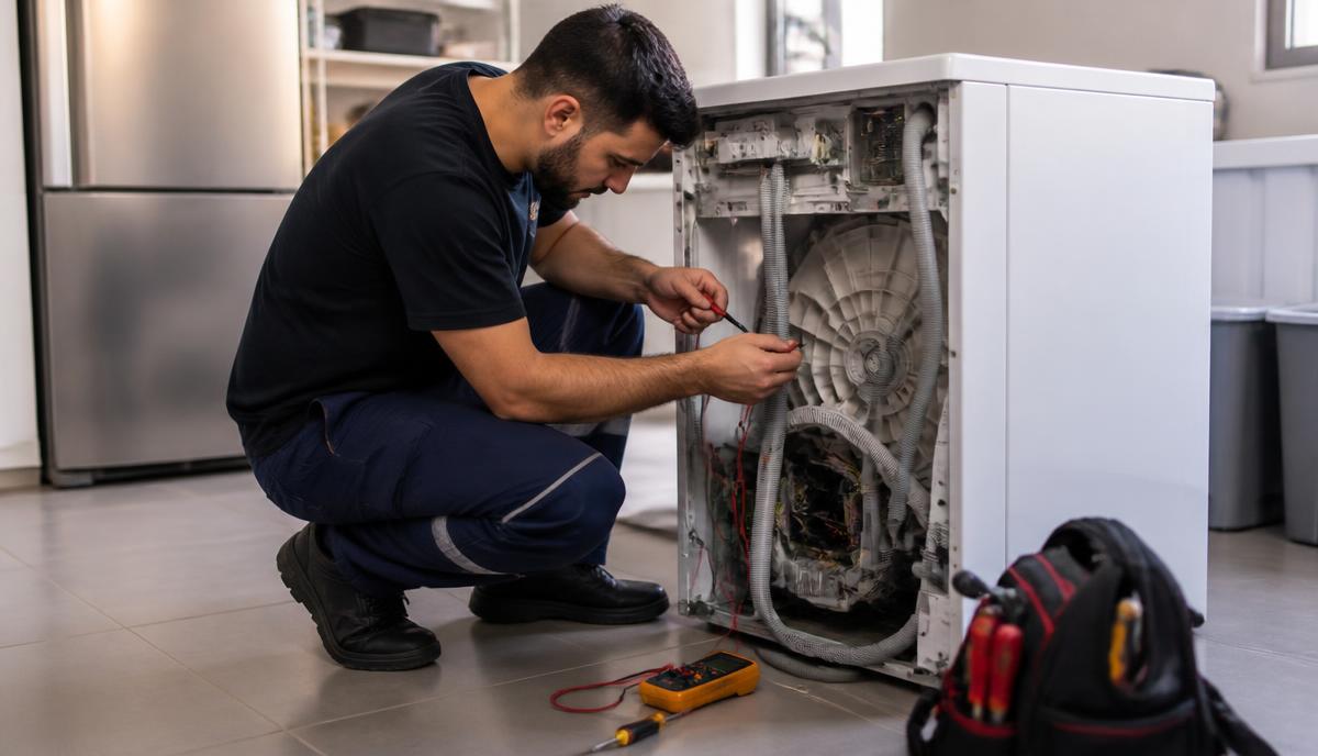Técnico consertando máquina de lavar com painel traseiro aberto e multímetro no chão
