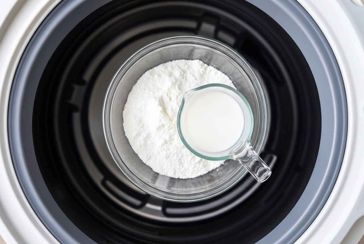 Tigela de vidro com bicarbonato de sódio e xícara medidora com vinagre branco sobre o tambor da máquina de lavar
