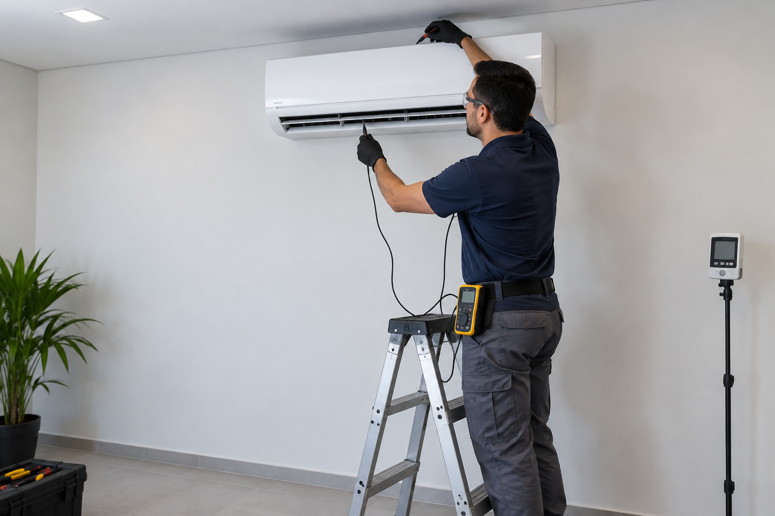 Técnico verifica as temperaturas de retorno e insuflamento de uma evaporadora split instalada corretamente.