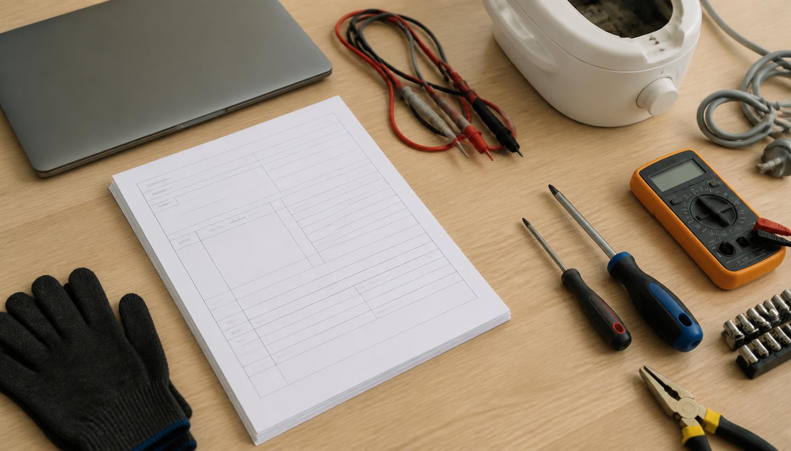 Formulários impressos de ordem de serviço em branco ao lado de notebook e ferramentas de assistência técnica