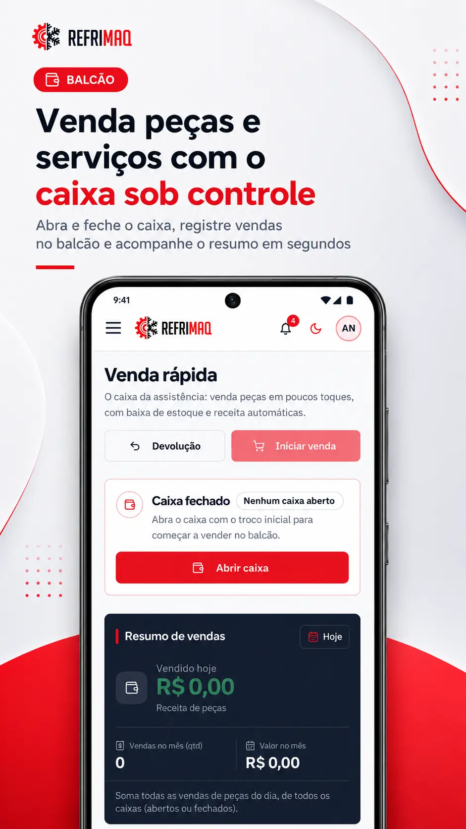 Tela de venda rápida e fechamento de caixa do App Refrimaq no celular