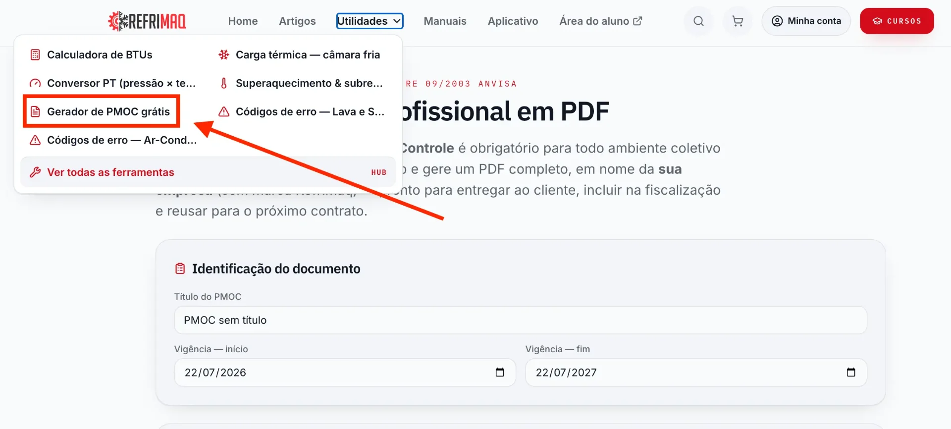 Menu Utilidades aberto mostrando a opção Gerador de PMOC grátis destacada entre as ferramentas técnicas