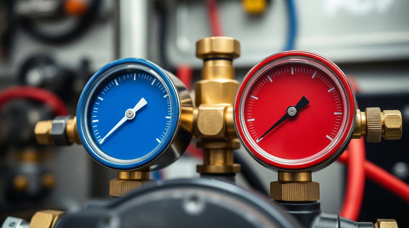 Detalhe macro de um manifold de refrigeração com manômetro azul de baixa pressão e manômetro vermelho de alta pressão, com conexões de latão e mangueiras coloridas