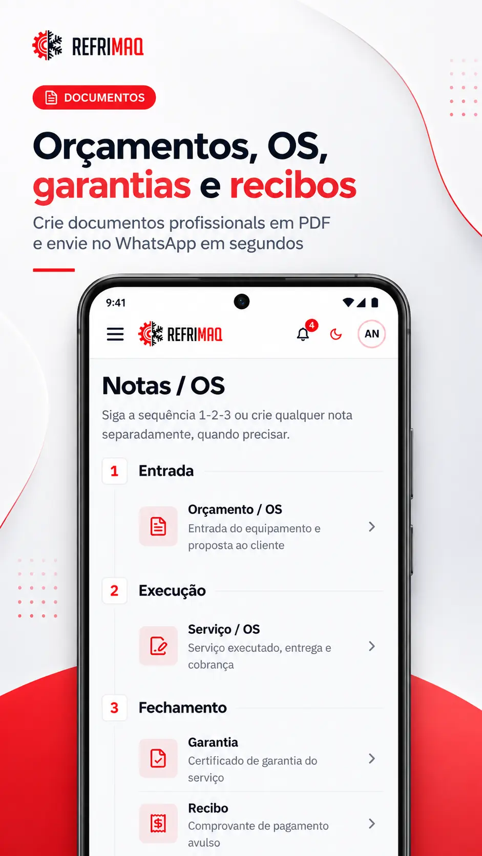 Tela do App Refrimaq mostrando a lista de documentos: orçamento, ordem de serviço, garantia e recibo