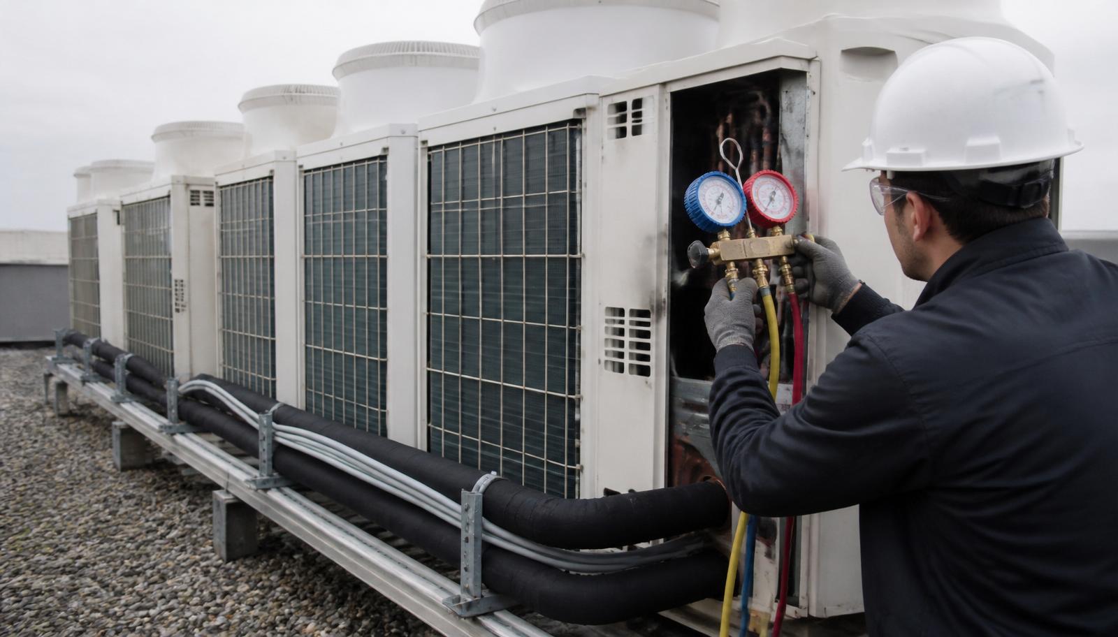 Sistema de climatização comercial VRF em cobertura de edifício, com técnico usando manifold para leitura de pressão