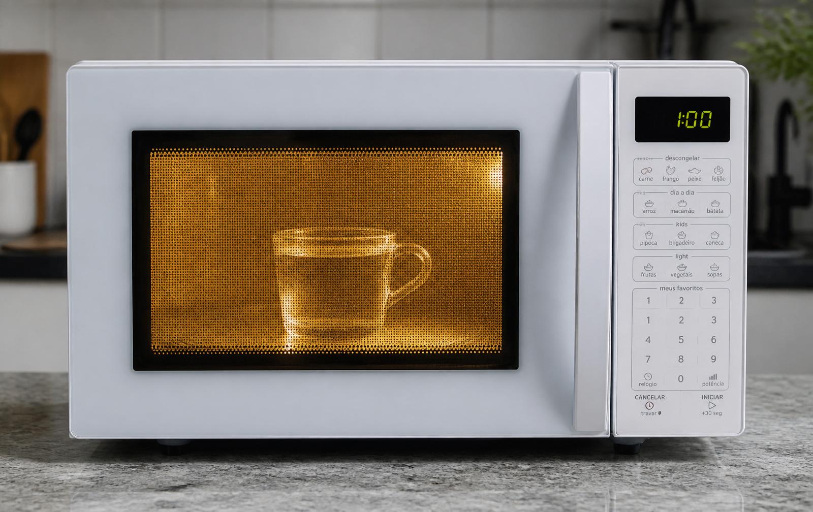 Micro-ondas de bancada em uso com uma xícara de vidro cheia de água girando no prato, display marcando 1:00