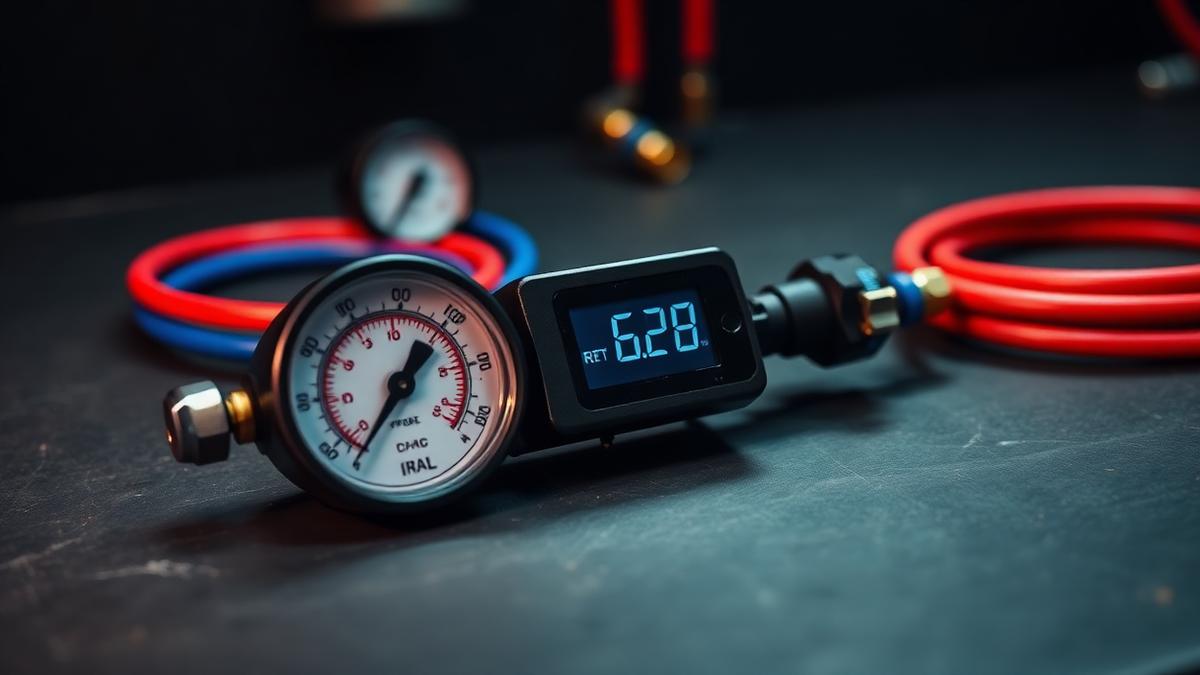 Manifold digital com display e manômetro analógico ao fundo, com mangueiras azul e vermelha sobre bancada escura