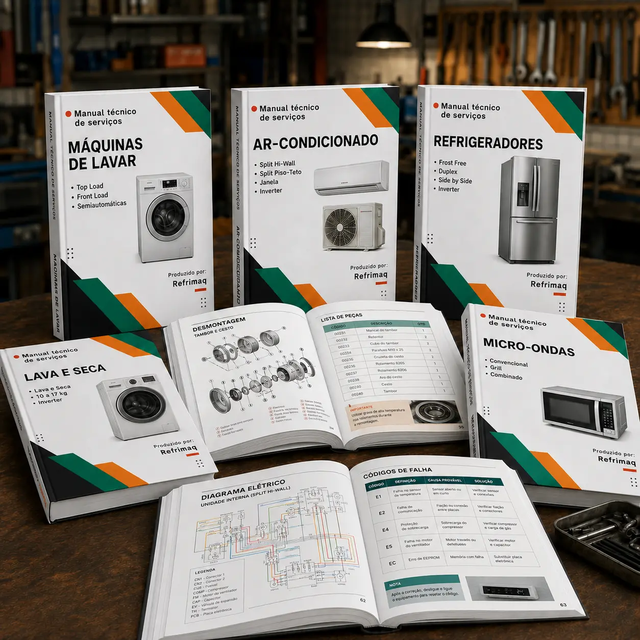 Coleção de manuais técnicos de serviço Refrimaq — máquinas de lavar, ar-condicionado, refrigeradores, lava e seca e micro-ondas.