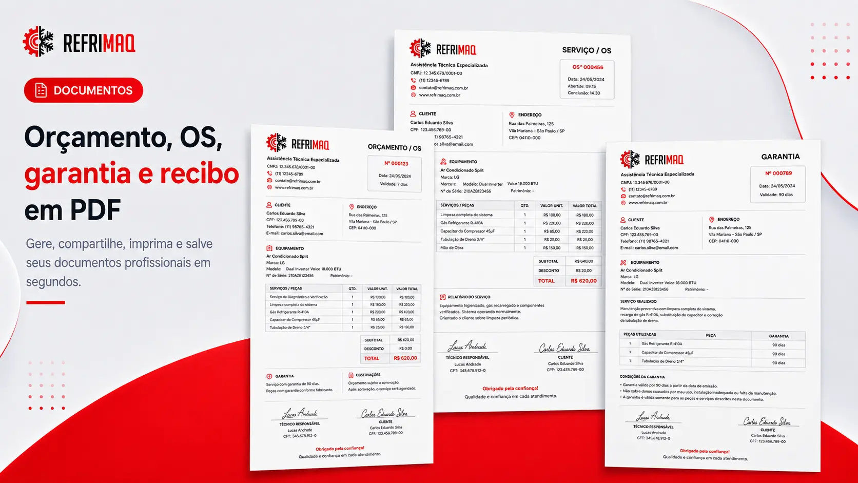 Recibos e documentos de pagamento em PDF gerados pelo App Refrimaq sobre fundo claro