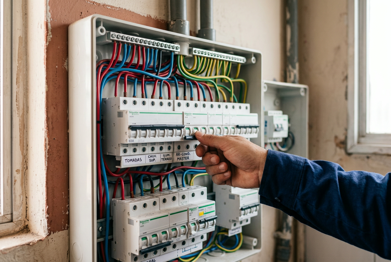 Técnico desligando o disjuntor dedicado da lava e seca no quadro de distribuição elétrica residencial