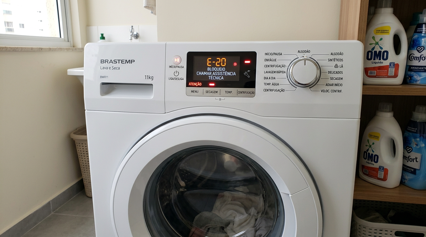 Painel de lava e seca branca com display digital mostrando código de erro E-20 e mensagem 'BLOQUEIO — CHAMAR ASSISTÊNCIA TÉCNICA' iluminada em vermelho