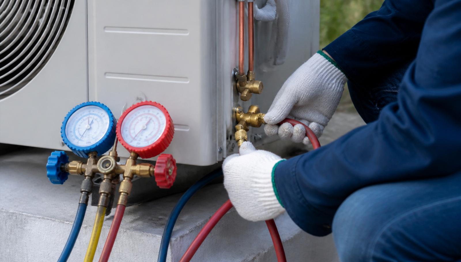 Mãos de técnico com luvas conectando um manifold de manômetros azul e vermelho nas válvulas de serviço da unidade condensadora externa de um ar-condicionado split