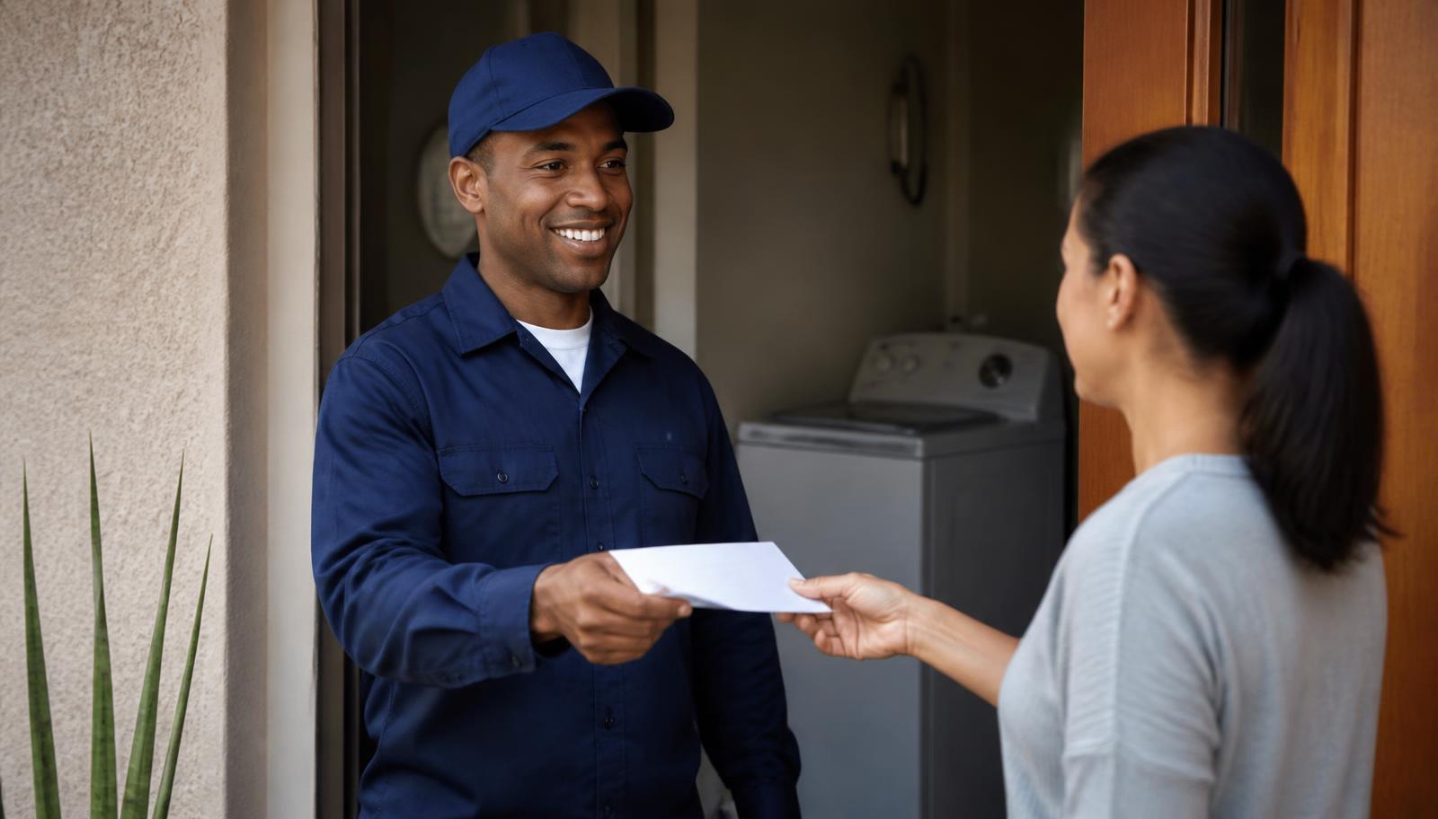 Técnico de eletrodomésticos entregando o recibo de prestação de serviço à cliente na porta de casa