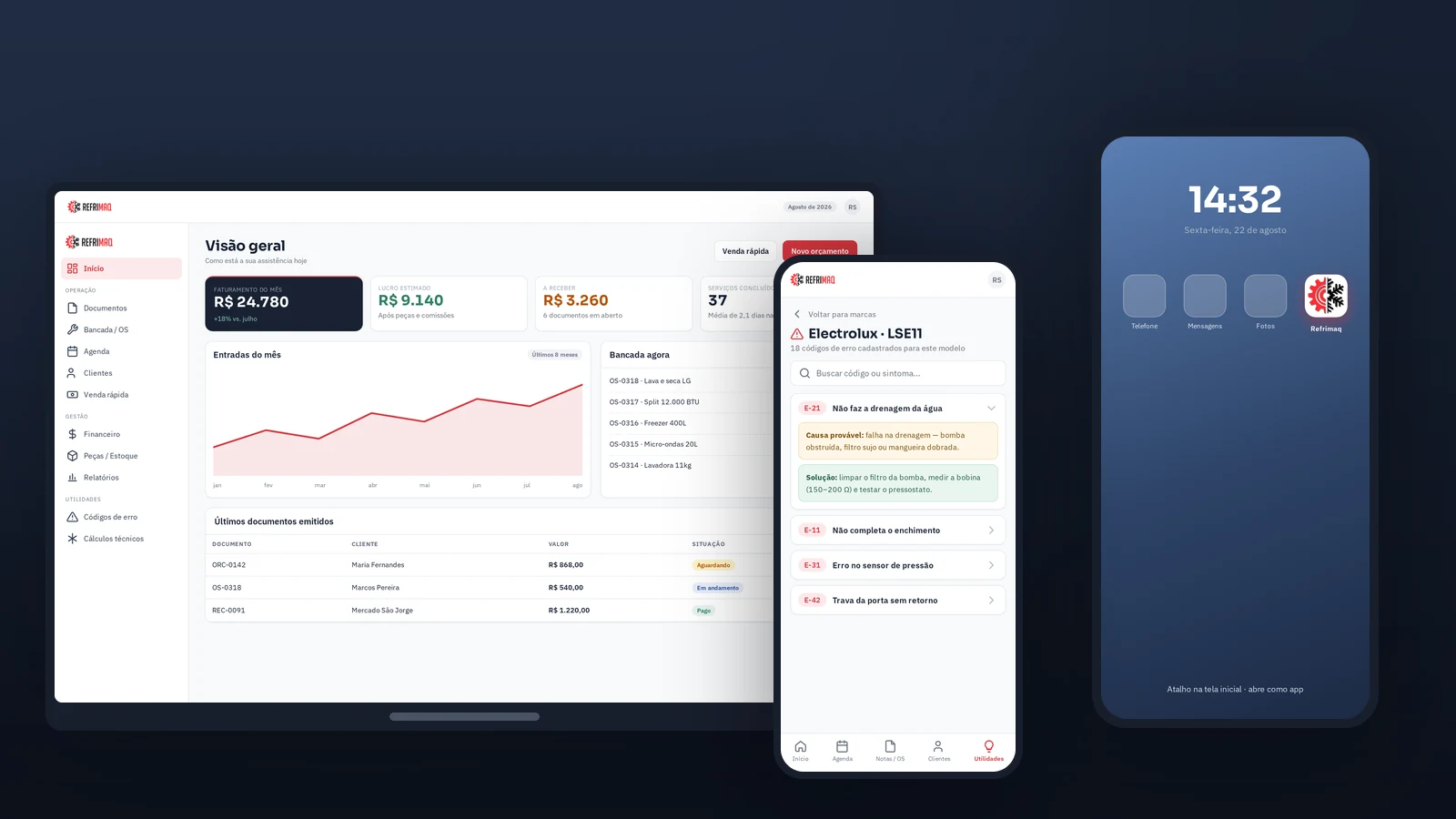 App Refrimaq em múltiplas plataformas: painel de gestão no computador, celular e atalho na tela inicial