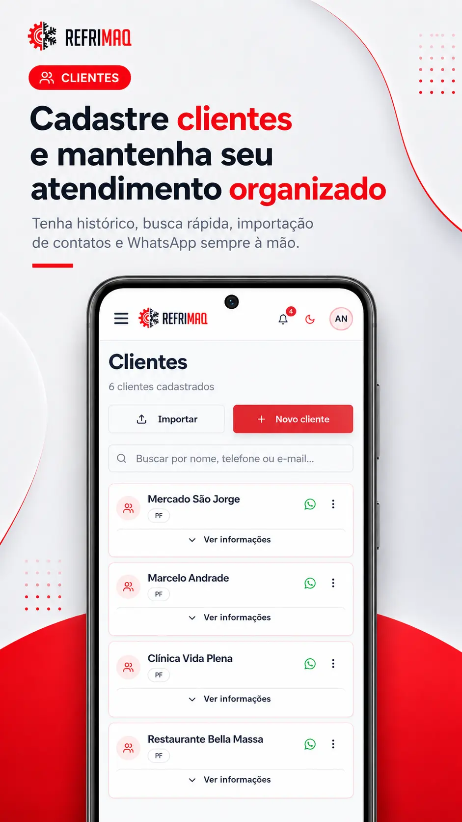 Histórico de recibos e atendimentos por cliente no App Refrimaq