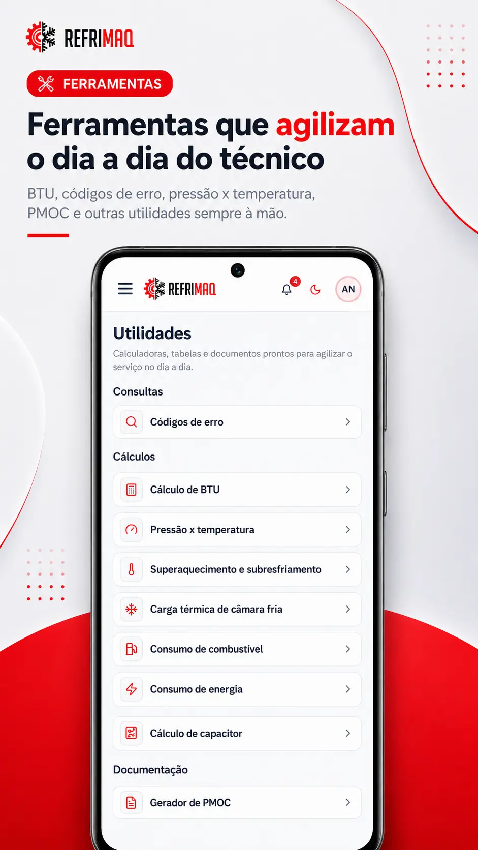 Tela de ferramentas técnicas do App Refrimaq no celular