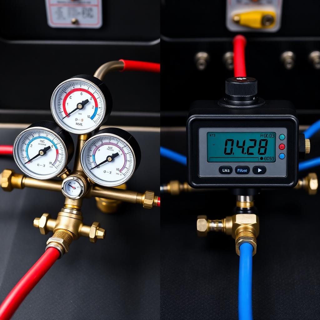 Manifold analógico com manômetros de agulha à esquerda e manifold digital com display à direita, ambos com mangueiras azul e vermelha