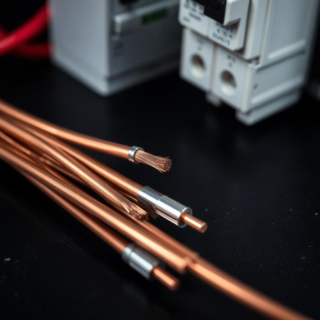 Cabos de cobre de bitolas diferentes (2,5 mm², 4 mm² e 6 mm²) ao lado de um disjuntor branco sobre bancada preta