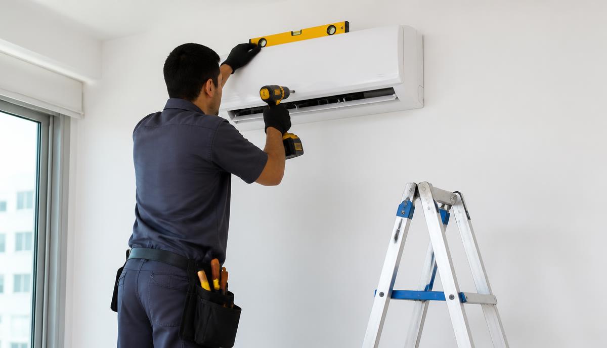 Técnico instalando a unidade evaporadora de um ar-condicionado split em parede residencial