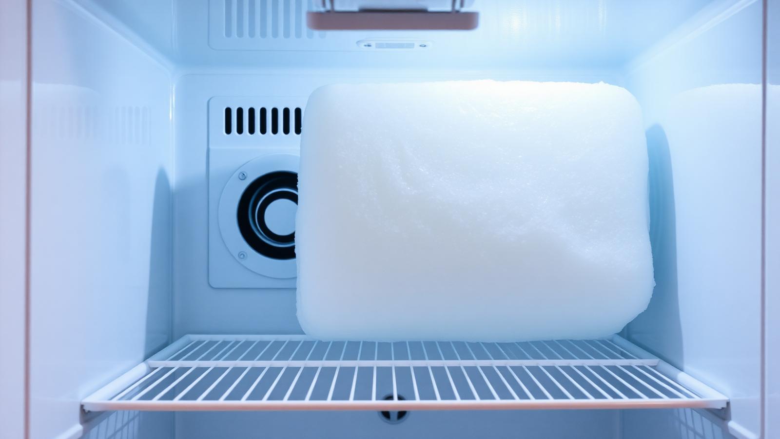 Bloco de gelo acumulado no evaporador atrás do painel do freezer, bloqueando a passagem de ar