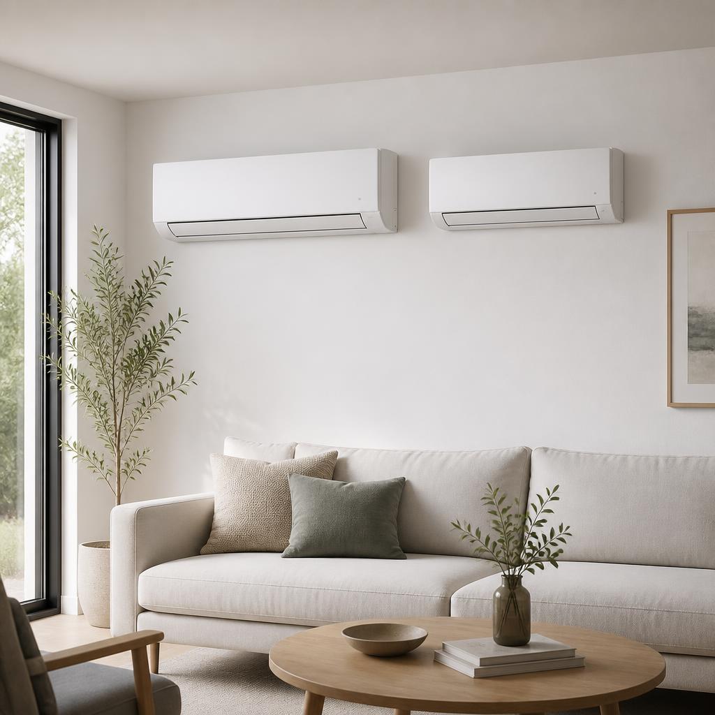 Duas unidades evaporadoras de ar-condicionado split LG lado a lado em parede clara, para comparação