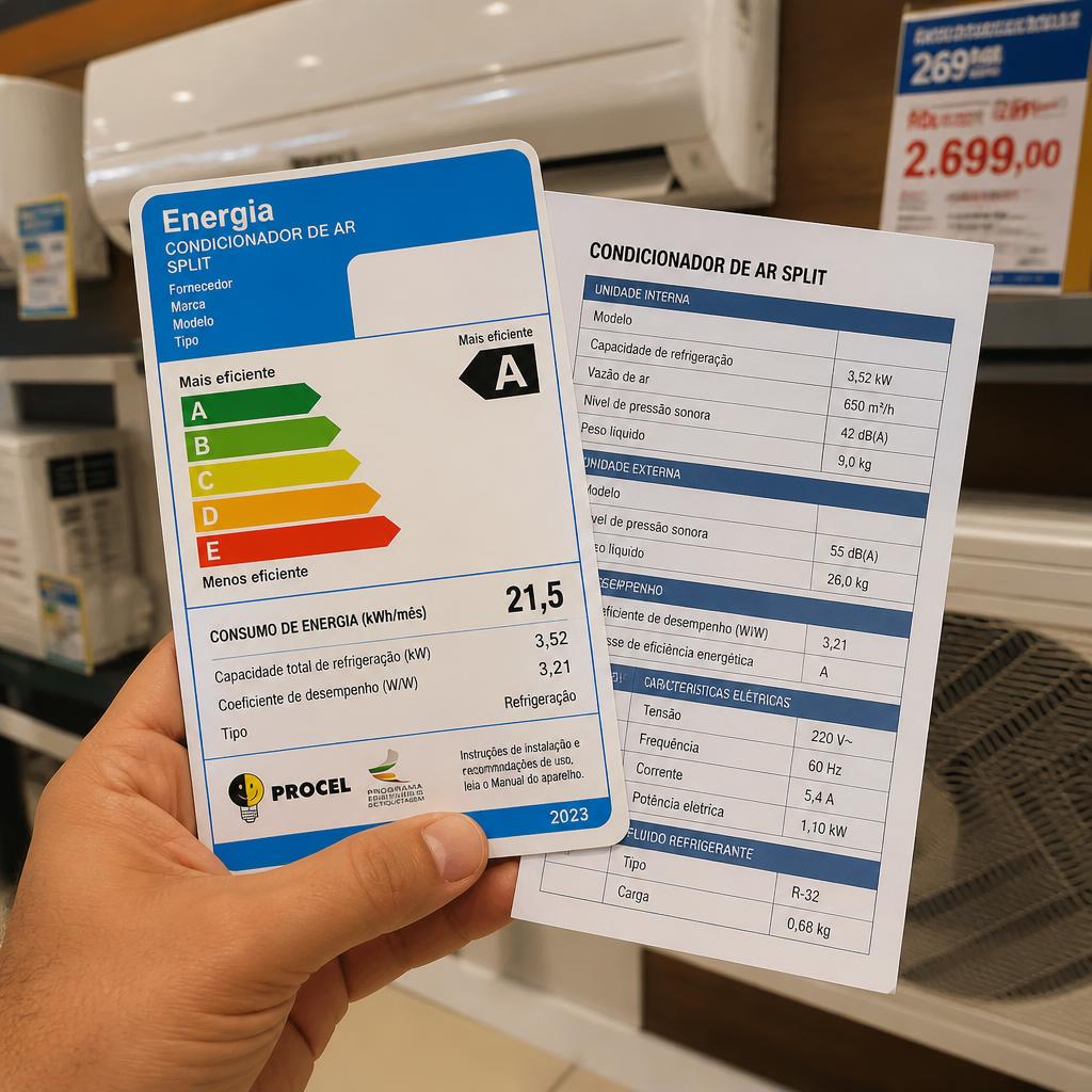 Etiqueta de eficiência energética e ficha técnica de um ar-condicionado split sendo consultada
