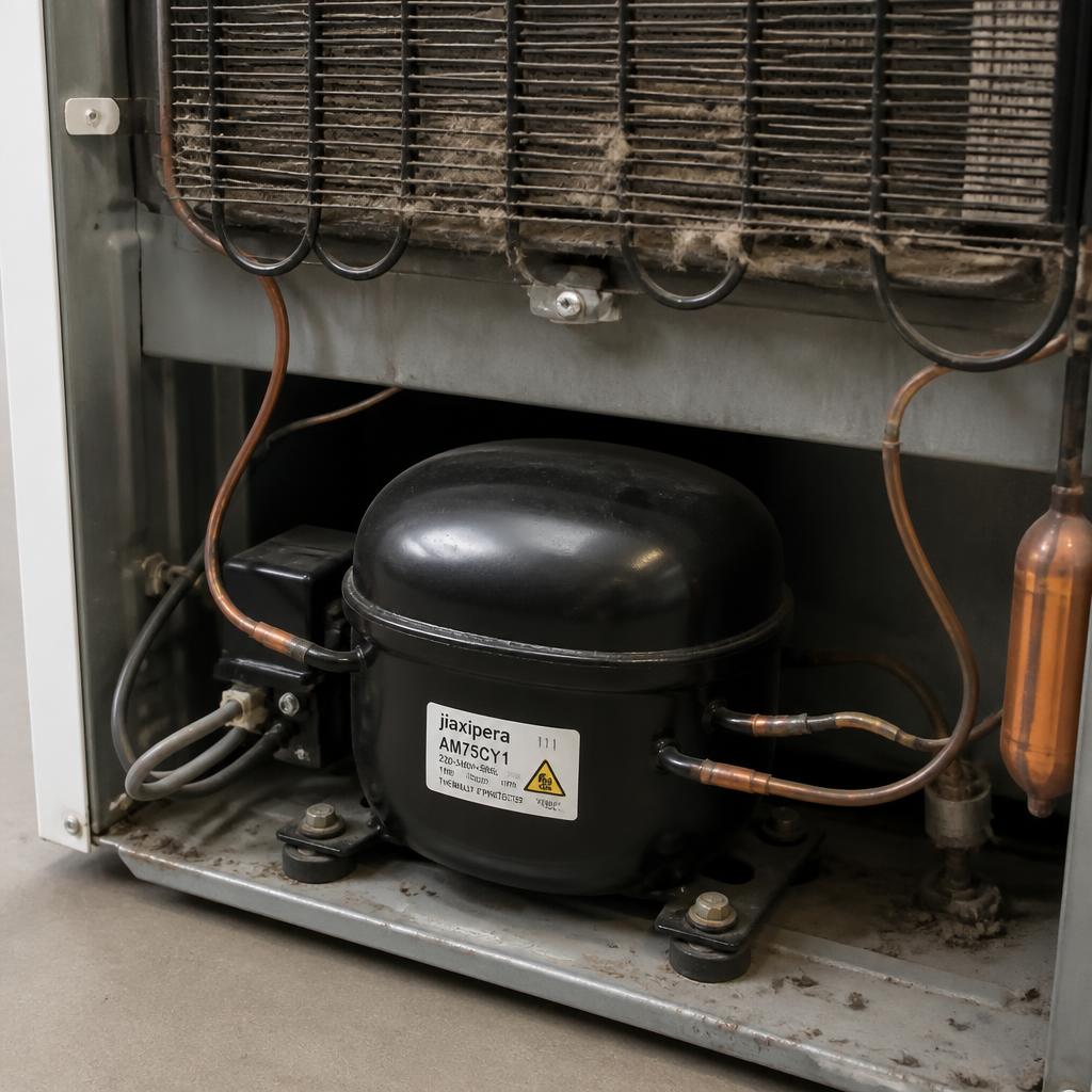 Compressor na base traseira da geladeira, onde fica o óleo lubrificante que se desloca no transporte