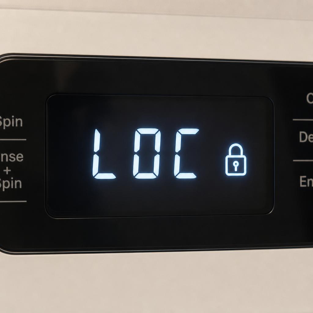 Painel de máquina de lavar exibindo o código LOC com o símbolo de cadeado aceso