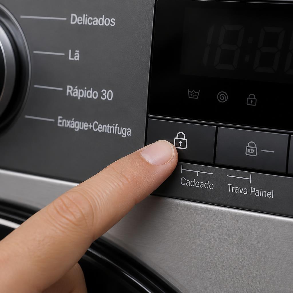 Tecla com símbolo de cadeado sendo pressionada por alguns segundos para desativar a trava do painel