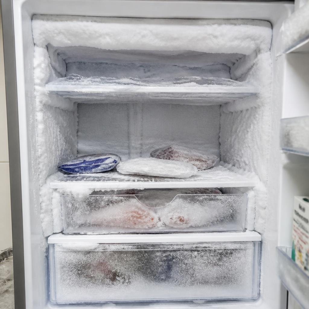 Freezer de geladeira com camada espessa de gelo acumulada nas paredes e nas prateleiras
