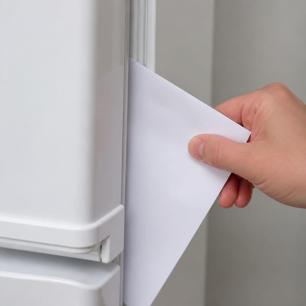 Teste da folha de papel na borracha de vedação da porta da geladeira